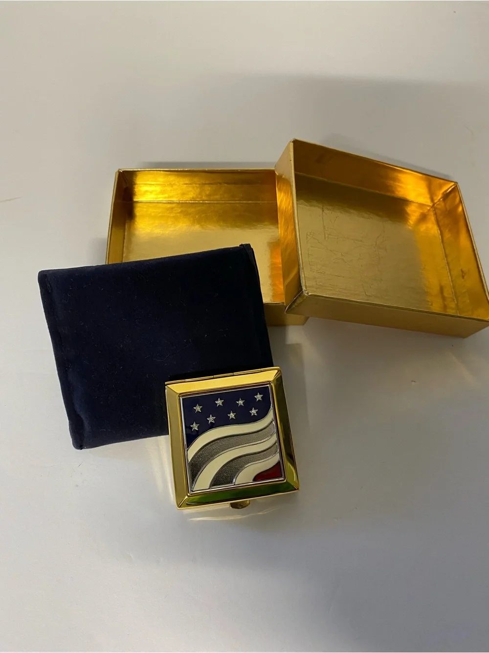 Estee Lauder Gold Compact with Red, White, Blue Enamel Flag Design